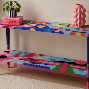 Kleurrijke rechthoekige abstracte consoletafel van hars met twee niveaus