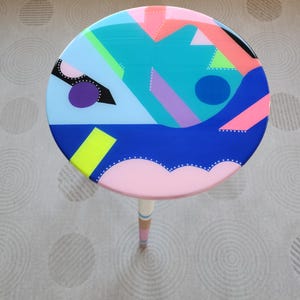 Unusual Unique  Resin Coffee Table,Colorful Funky Eclectic Rainbow Abstract Pop Art Retro Cute Wooden Hand Painted Epoxy Blue Side End Table