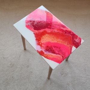 Handcrafted White Pink Modern Style Bedside Resin End Coffee Table, Colorful Funky Abstract Wooden Hand Painted Cool Epoxy Cute Art Table