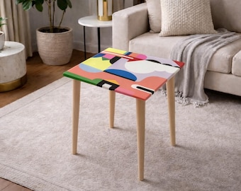 Salontafel van abstracte hars, houten bijzettafel moderne kunst
