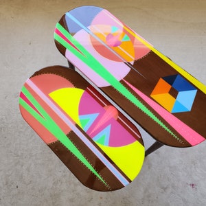 Pink Abstract Resin Coffee Tables, Neon Painted Legs, Eclectic Boho Decor (Set of 2)