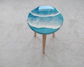 Round Small Resin Ocean Wave Coffee Table, Modern Blue Wooden Wood Side Sofa End Unique Coffee Table,Living Room, Bedroom Bedside Art Table