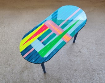 Unusual Blue Funky Colorful Side Resin Vintage Coffee Table,Maximalist Eclectic Abstract Cool Neon Painted Leg Epoxy Cute Boho Pop Art Table