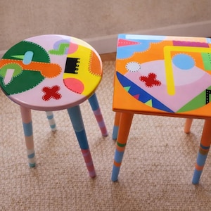 Colorful Abstract Resin Side Tables, Quirky Painted Nightstand, Set of 2