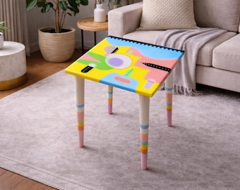 Abstract Neon Resin Side Table, Eclectic Pop Art Painted Legs