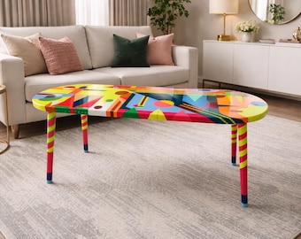 Geometric Large Epoxy Coffee Table, Colorful Modern Abstract Art Design