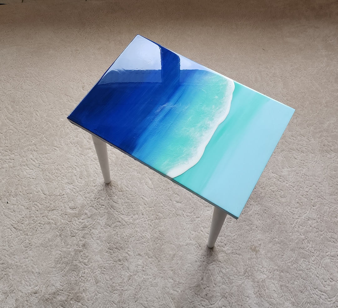 Beach Themed Epoxy Resin Ocean Wave Side Coffee Table, Coastal Blue ...