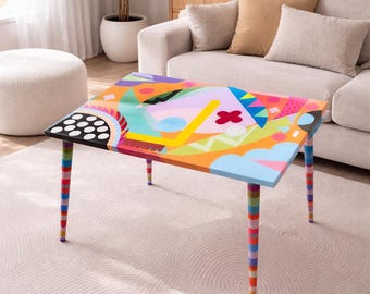 Handmade Epoxy Resin Coffee Table, Funky Boho Abstract Wooden End Table