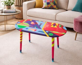 Abstract Modern Pink Art Furniture,Handmade Colorful Resin Coffee Table, Bold Geometric Design