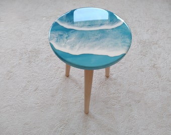 Resin Ocean Wave Coffee Table, Blue Wood Side End Table