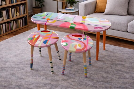 Pink Resin Nesting Coffee Tables: Eclectic Neon Painted Leg Art