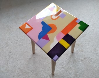 Square Small Colorful Abstract Resin Side Coffee Table, Yellow Pink Unique Wood Wooden End Sofa Living Room Bedside Cool Epoxy Art Furniture