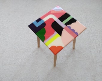 Unusual Pink Funky Colorful Epoxy Resin Coffee Table, Maximalist Eclectic Abstract Square Wooden Cool Bedside Entryway Center End Art Table