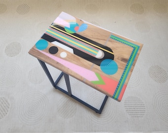 Retro Resin C Shape Side Table, Neon Pop Art Laptop Stand, Metal Legs
