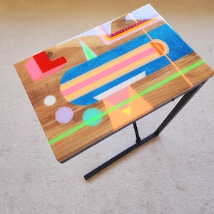 Metal-Legged Epoxy Resin Colored Retro Boho Unconventional MCM C Shape Table, Modern Unique Wooden Funky Cool Abstract Pop Art Couch Table