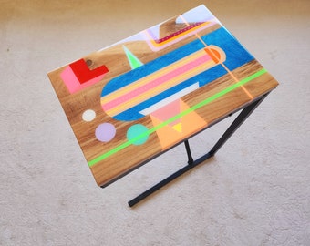 Metal-Legged Epoxy Resin Colored Retro Boho Unconventional MCM C Shape Table, Modern Unique Wooden Funky Cool Abstract Pop Art Couch Table