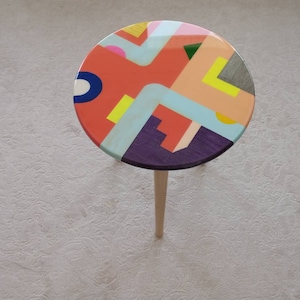 Handmade Abstract Colorful Side Coffee Table, Epoxy Resin Unique Wooden Living Room Bedside Entryway Cool Sofa End Center Pink Art Fun Table