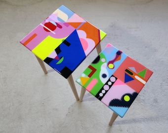 Handmade Resin Side Tables, Colorful Abstract Art, Retro Modern Decor