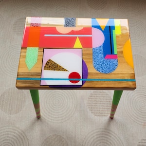 Small Wooden Handmade Resin Cool Side Coffee Table,Pink Modern Bedside Living Room Entryway End Colorful Abstract Funky Boho Epoxy Art Table