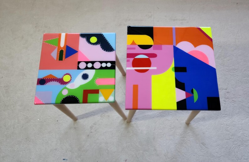 Abstract Pop Art Resin Coffee Table Set: Colorful Eclectic Accent ...