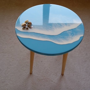 Seashell Resin End Table: Coastal Ocean Wood Side Table