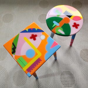 Colorful Abstract Resin Side Tables, Quirky Painted Nightstand, Set of 2