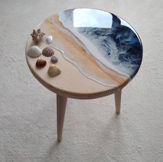 Round Ocean Wave Resin Side Coffee Table Unique Wood Bedside Sofa