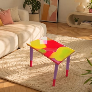 Colorful Abstract Dopamine Side Table, Pink Yellow Neon Resin Accent Furniture