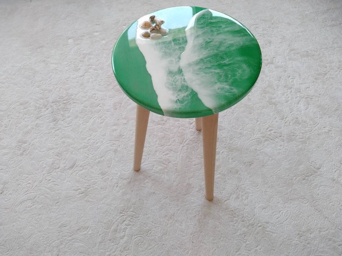 Round Small Resin Ocean Wave Coffee Table Green Modern Wooden Etsy