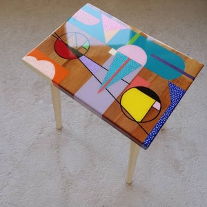Small Wooden Handmade Resin Colorful Side Coffee Table,Pink Modern Bedside Living Room Entryway End Abstract Cool Funky Boho Epoxy Art Table