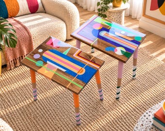Rainbow Epoxy Resin Side Table, Colorful Geometric Pop Art, Maximalist Furniture