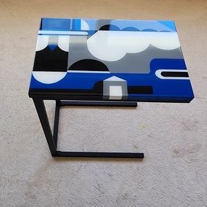 Wooden C Shape Colorful Side End Resin Coffee Table With Metal Legs, Geometric Abstract Living Room Couch Table Blue LapTop Stand Art Table image 7