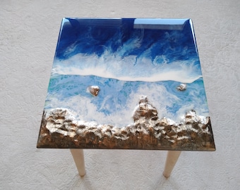 Blue Resin Ocean Wave Coffee Table: Coastal Wood End Table