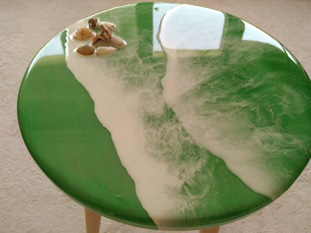 Round Small Resin Ocean Wave Coffee Table Green Modern Wooden Etsy