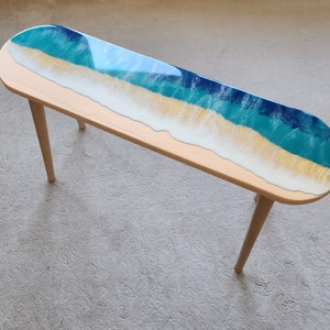 Oval Epoxy Resin Ocean Waves Side Coffee Table, Natural Beach House Decor Blue Coastal Nautical Sea Themed Entryway Bedside Bedroom Table image 2