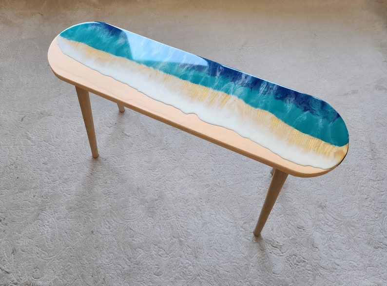 Oval Epoxy Resin Ocean Waves Side Coffee Table, Natural Beach House Decor Blue Coastal Nautical Sea Themed Entryway Bedside Bedroom Table image 2