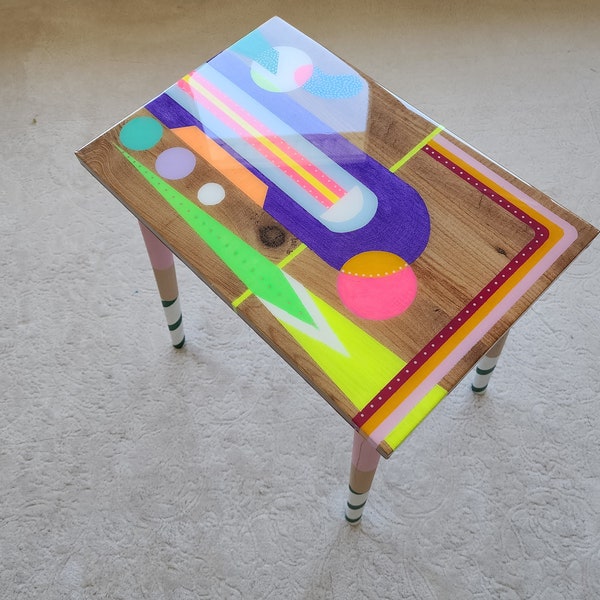 Epoxy Resin Colorful Funky Eclectic Aesthetic Wooden Retro Boho Coffee Table,Unusual Pop Art Side End Center Maximalist Cute Cool Furniture