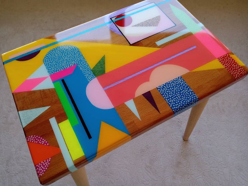 Wooden Resin Boho Side Funky Coffee Table, Modern Handmade Cool Bedside Living Room Entryway End Sofa Middle Colorful Abstract Small Table image 6