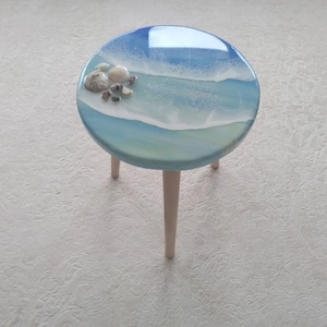 Ocean Wave Resin Side Table: Beach Theme Epoxy Art, Natural Wood