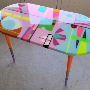 Large Pink Abstract Resin Coffee Table: Boho Pop Art Painted Leg