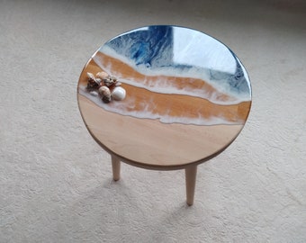 Round Resin Ocean Wave Natural Table, Beach Art Design Modern Small Wood Side Sofa End Unique Coffee Table,Living Room,Bedroom Bedside Table