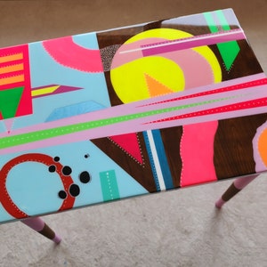 Colorful Neon Art Side Resin Coffee Table , Vibrant Rainbow Funky Groovy Retro Modern Unique Eclectic Abstract Sofa Quirky Epoxy End Table