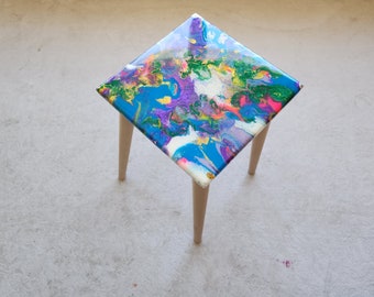Epoxy Resin Colorful Abstract Painted Side Coffee Table, Blue Rainbow Funky Modern Unique Cool Eclectic Furniture Entryway Center Art Table