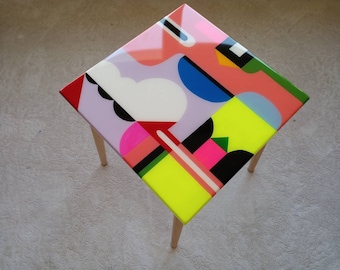 Abstract Pink Resin Side End Funky Coffee Table, Yellow Modern Unique Colorful Living Room Bedside Center Wooden Epoxy Art Sofa Coffee Table