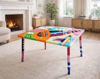 Modern Abstract Resin Side Coffee Table Handmade Colorful Wood Art Table