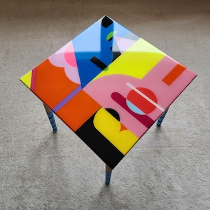 Pink Resin Coffee Table: Boho Pop Art Side Table with Painted Legs