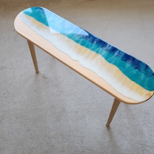 Oval Epoxy Resin Ocean Waves Side Coffee Table, Natural Beach House Decor Blue Coastal Nautical Sea Themed Entryway Bedside Bedroom Table image 5