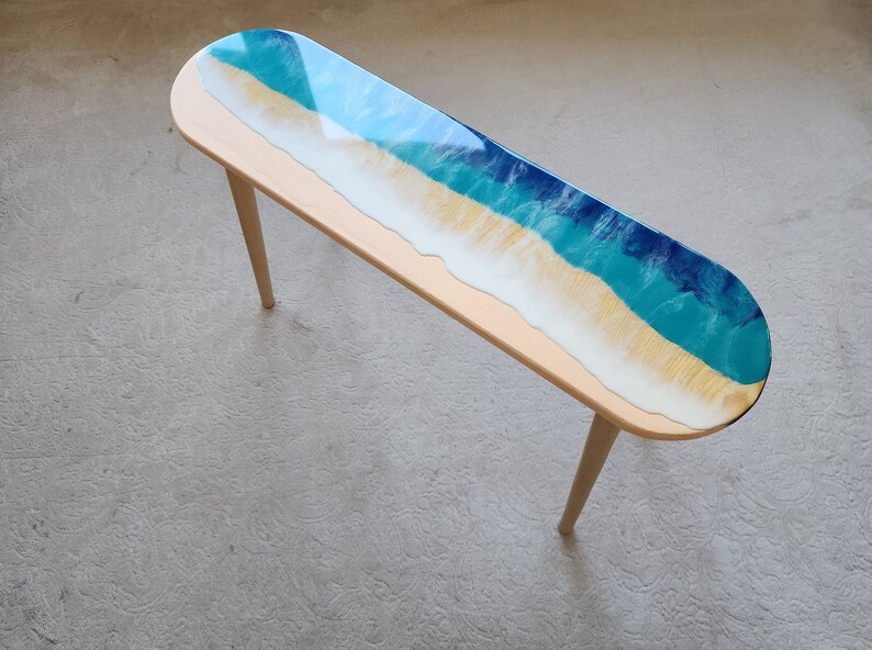 Oval Epoxy Resin Ocean Waves Side Coffee Table, Natural Beach House Decor Blue Coastal Nautical Sea Themed Entryway Bedside Bedroom Table image 5