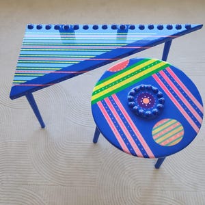 Modern Resin Side Table Set, Triangle Round Geometric Pop Art Red Blue Furniture