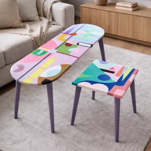 Pink Resin Coffee Tables: Funky Boho Pop Art, Painted Legs (Set of 2)